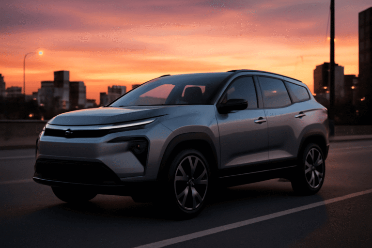 Tata Harrier EV electric SUV parked on urban road at sunset, showcasing sleek design and advanced features - highlighting value for Tata Harrier EV price in India 2025"
